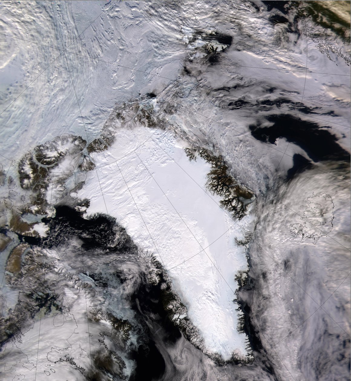 Satellitenbild von einem schnee- und eisbedeckten Grönland im Jahr 2000. Wissenschaft Geologie von National Aeronautics and Space Administration National Aeronautics and Space Administration