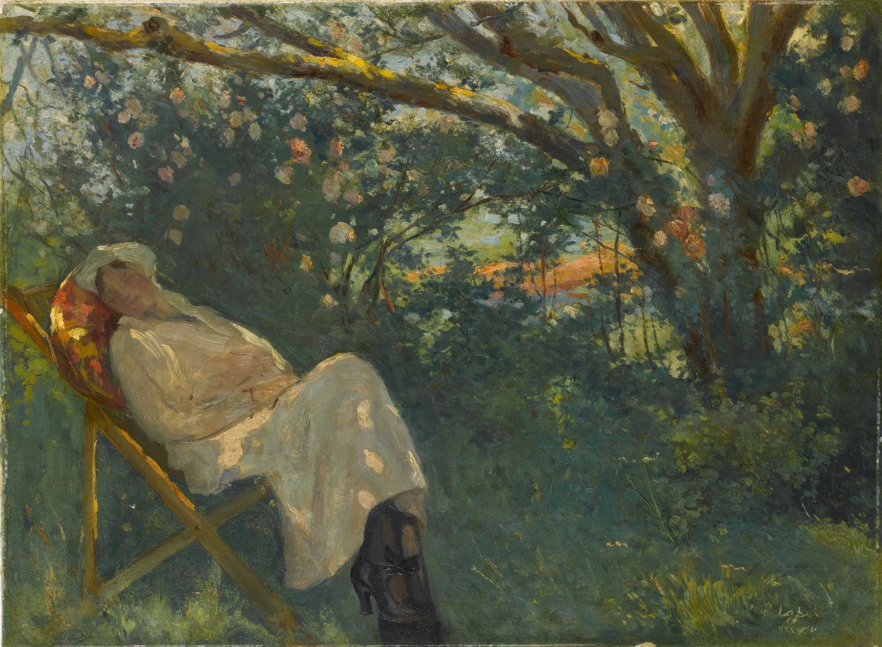 Dame in Rosa auf einer Chaiselongue von Nazmi Ziya Güran