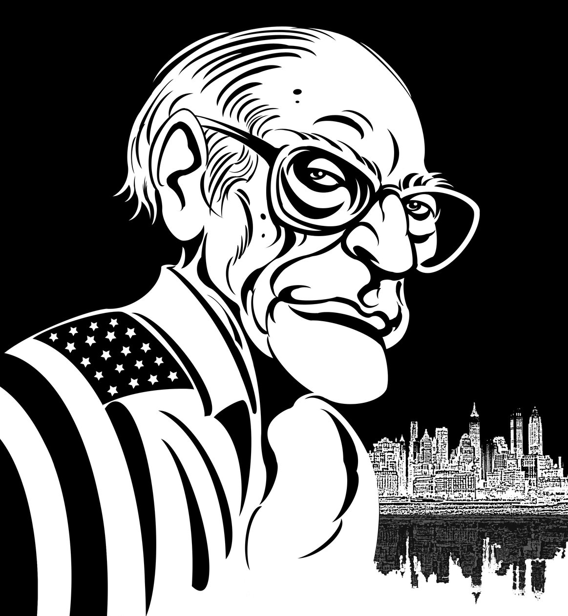 Arthur Miller, amerikanischer Dramatiker (1915-2005); Karikatur in Schwarz-Weiß, in amerikanische Flagge gehüllt von Neale Osborne
