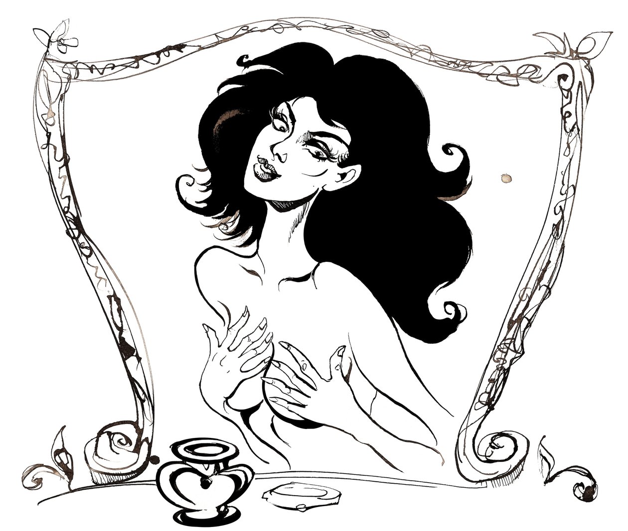 Margarita vor dem Spiegel, Illustration zu Der Meister und Margarita von Michail Bulgakow (russischer Dramatiker und Autor, 1891-1940); Tuschzeichnung, 2015 von Neale Osborne