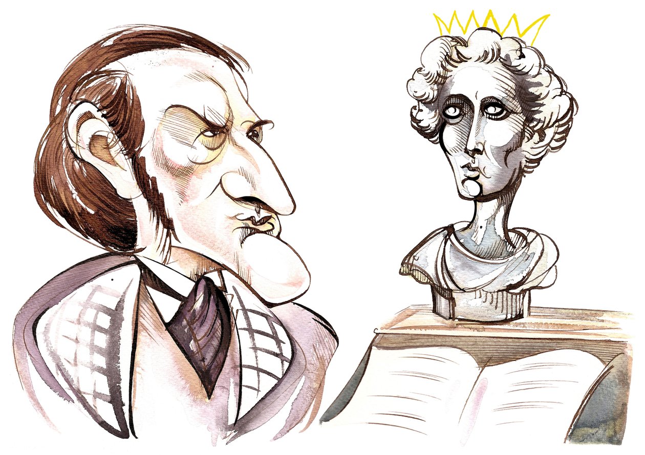 Richard Wagner - Karikatur des deutschen Komponisten mit einer Büste von König Ludwig II. von Bayern (1845-86) von Neale Osborne
