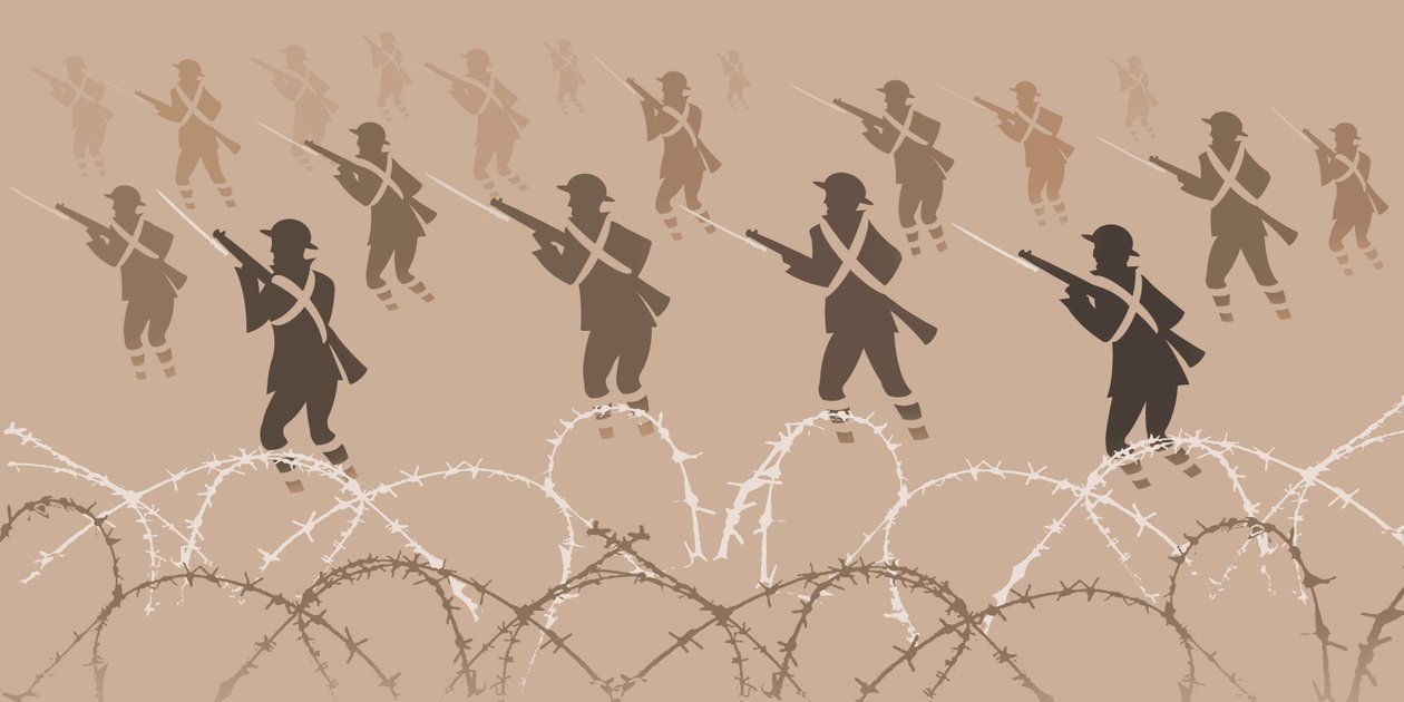 Soldaten des Ersten Weltkriegs mit Bajonetten - aus den Schützengräben auftauchend von Neale Osborne