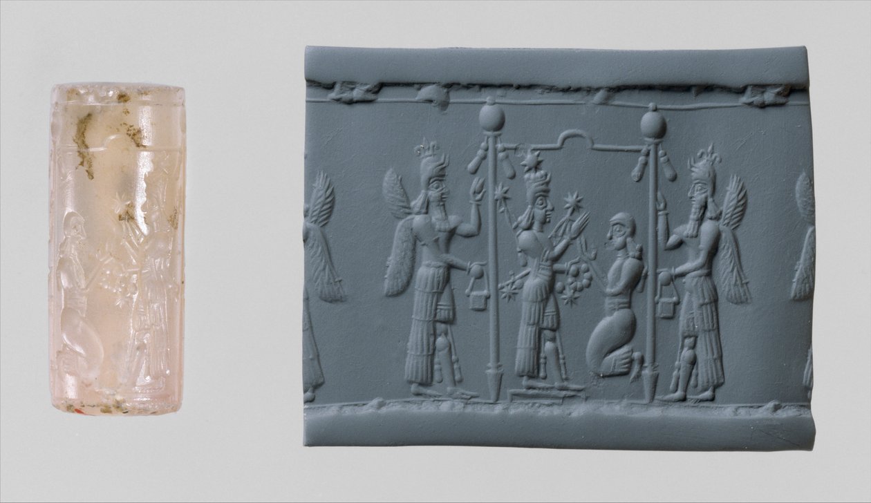 Zylindersiegel der Ishtar und moderne Impression, ca. 8.–7. Jahrhundert v. Chr. (Chalcedon) von Neo Assyrian Neo Assyrian
