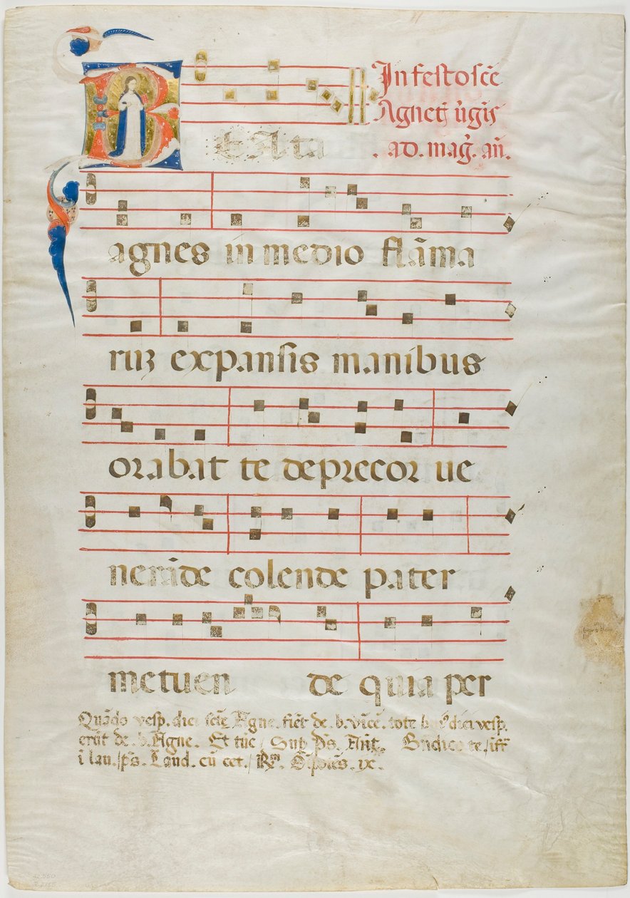 Die heilige Agnes in einem verzierten Initial "V" aus einem Antiphonar von Neri da Rimini