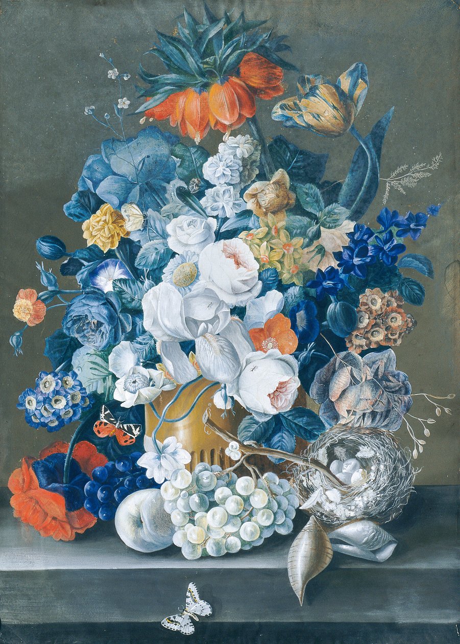Blumenstück mit Früchten, Vogelnest und Schmetterlingen von Leopold Blonder