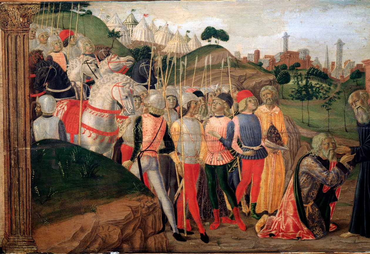 Totila, König der Ostgoten, besucht Benedikt von Nursia (Detail der Predelle) von Neroccio di  Landi