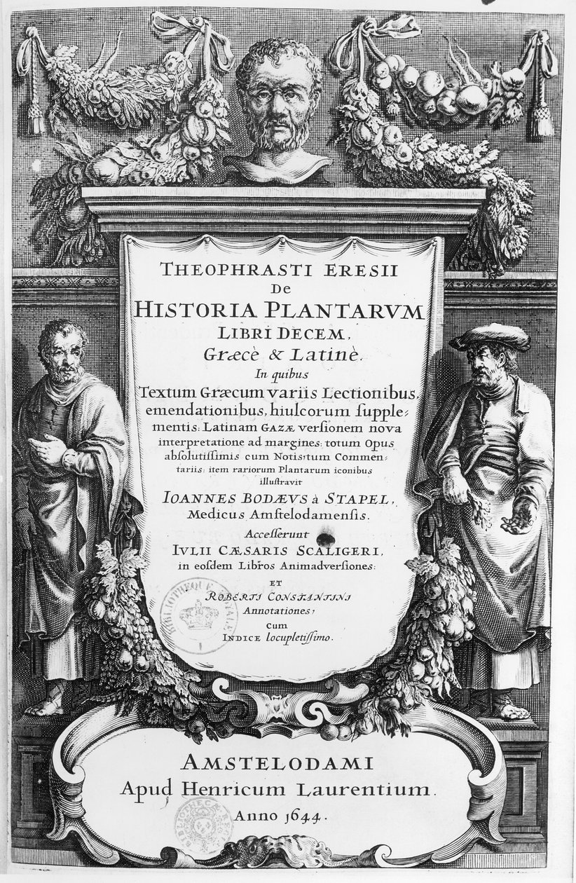 Titelseite von Historia Plantarum Libri Decem von Theophrastus (ca. 372-287 v. Chr.), veröffentlicht in Amsterdam 1644 von Netherlandish School