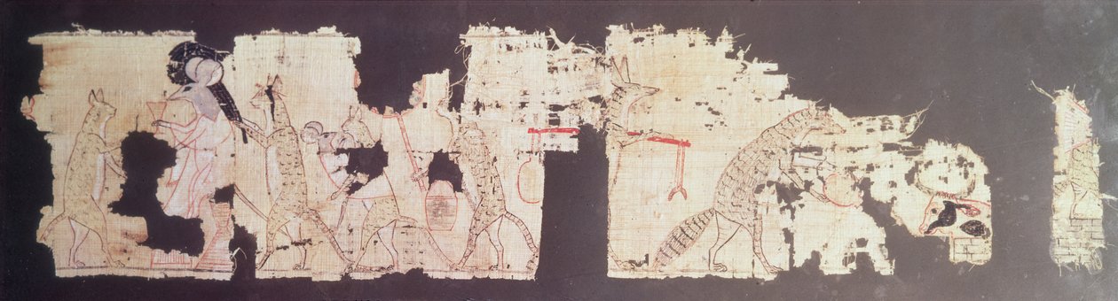 Satirischer Papyrus, der eine Maus zeigt, die von Katzen bedient wird von New Kingdom Egyptian
