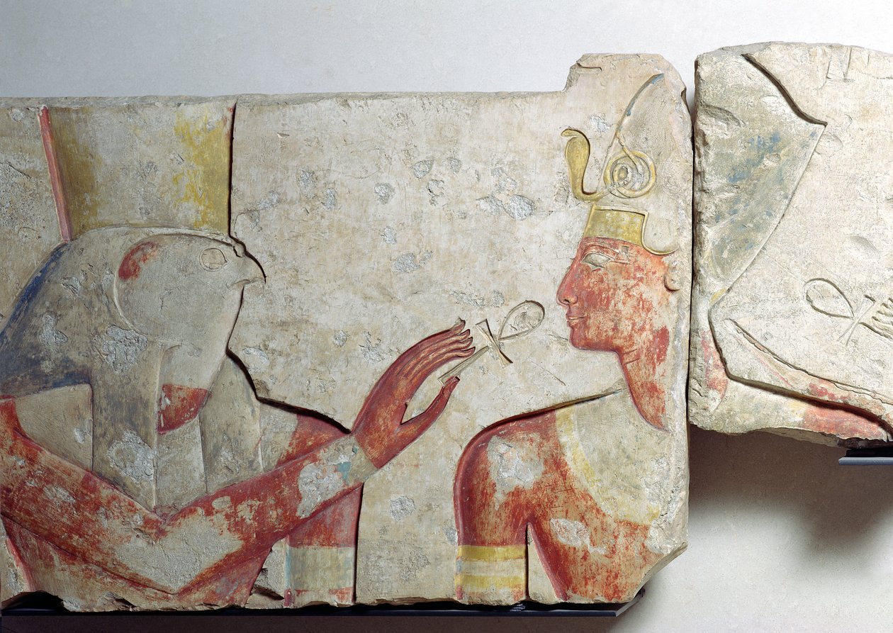Das Treffen des Pharaos und Horus, Detail eines Frieses, der Ramses II (1298-32 v. Chr.) unter den Göttern darstellt, aus Abydos, ca. 1275 v. Chr. (bemalter Stein) von New Kingdom Egyptian