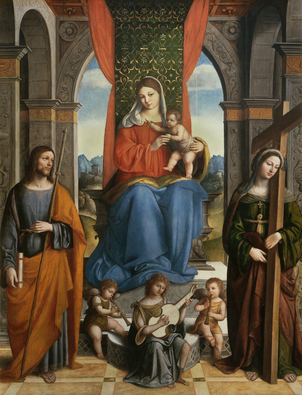 Madonna und Kind mit dem heiligen Jakobus von Galicien und der heiligen Helena von Niccolo  Pisano