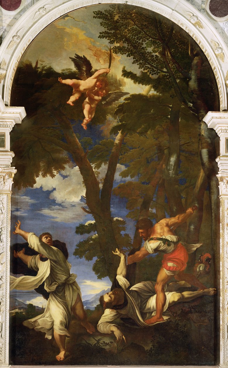 St. Peter Martyr von angeheuerten Attentätern erstochen (Kopie des Gemäldes von Tizian, das im Feuer der Rosenkranzkapelle verloren ging) von Niccolo Cassana