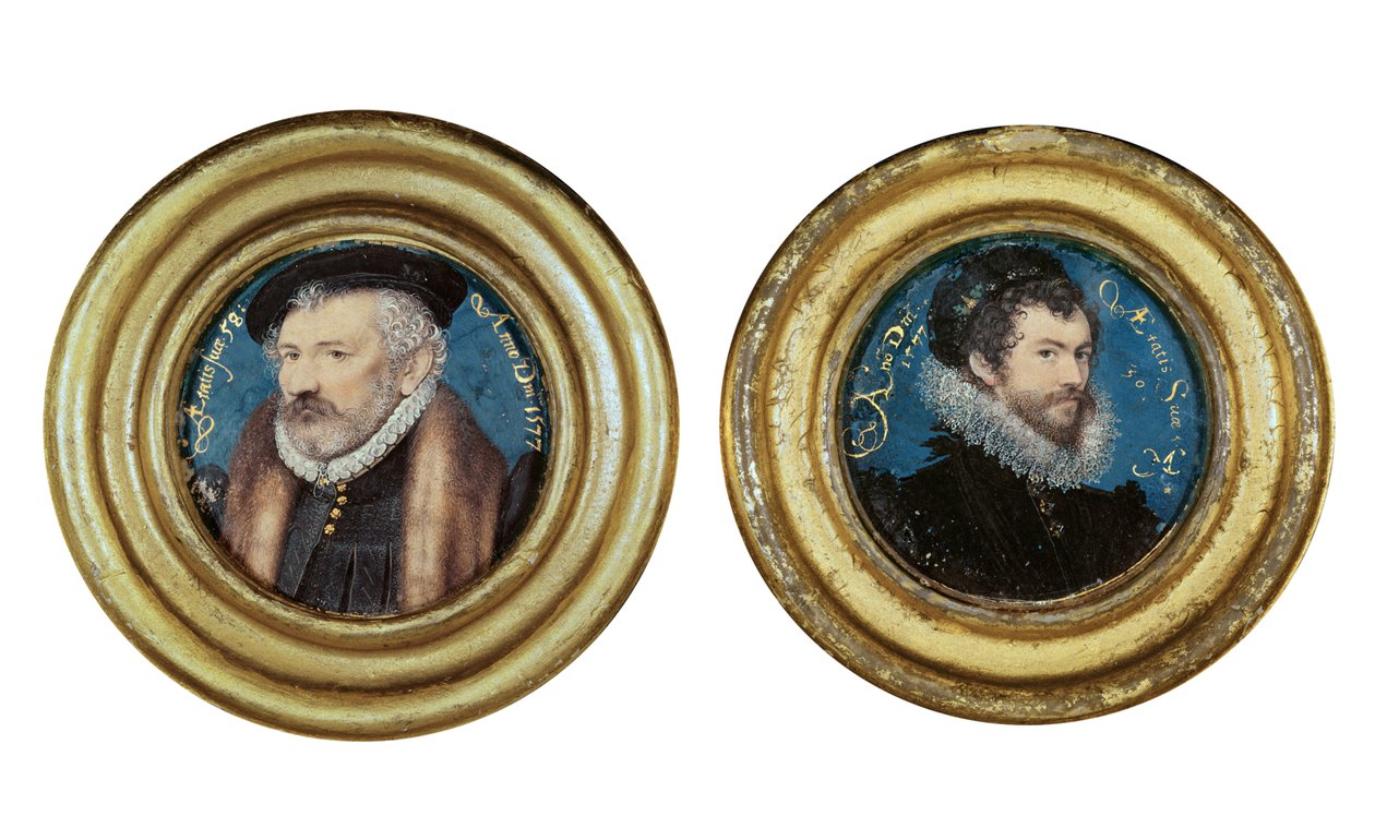 Von links nach rechts: Richard Hilliard (1518-94), der Vater des Künstlers, ca. 1577, und Selbstporträt, 1577 von Nicholas Hilliard