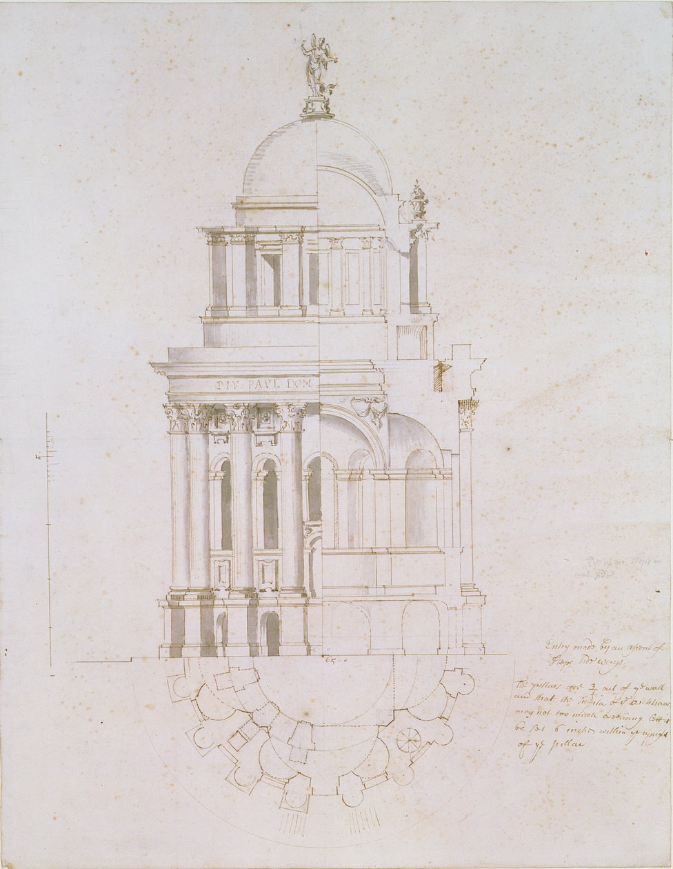 Aufriss, Querschnitt und Plan eines nicht realisierten Baptisteriums für die St. Paul
