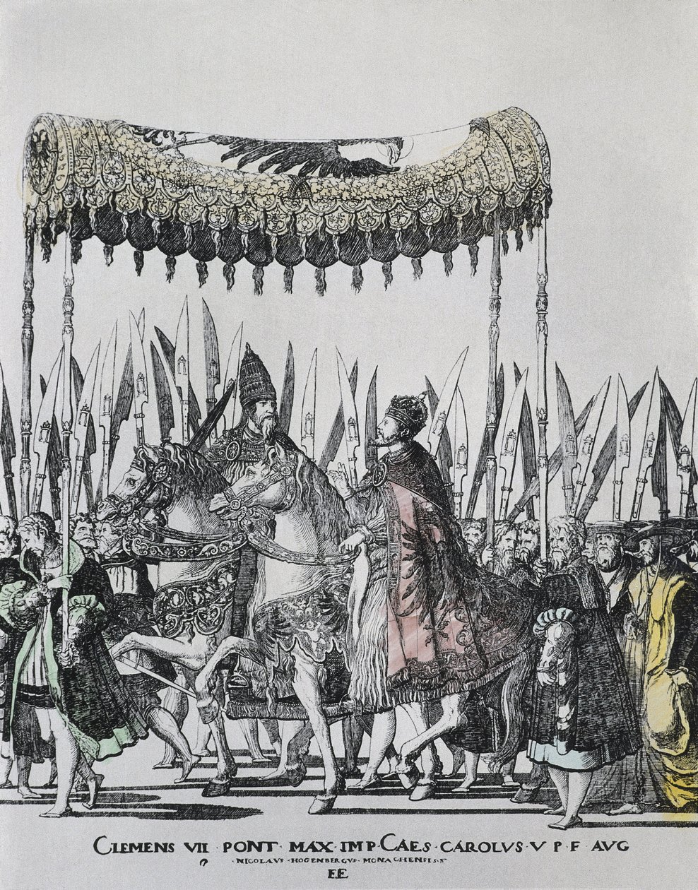 Nicolas Hogenberg (1500-1539). Die Krönung von Karl V. in Bologna. KARL V. (1500-1558). Heiliger Römischer Kaiser (1519-1556) und König von Spanien (1516-1556), als Karl I.; CLEMENT VII (1478-1534). Papst zwischen 1523 und 1534. Gravur von Nicholas Hogenberg