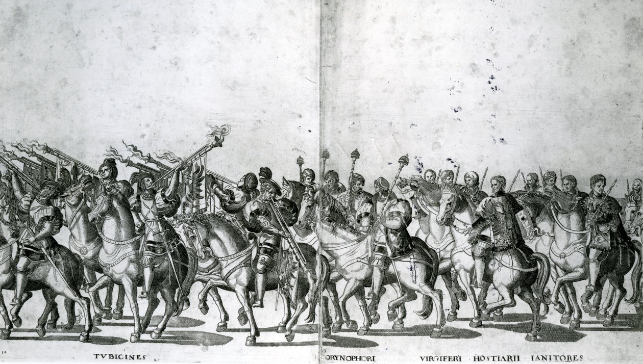Platte 12 und 13 des Einzugs von Papst Clemens VII. und Kaiser Karl V. in Bologna am 24. Februar 1530, veröffentlicht ca. 1530 von Nicholas Hogenberg
