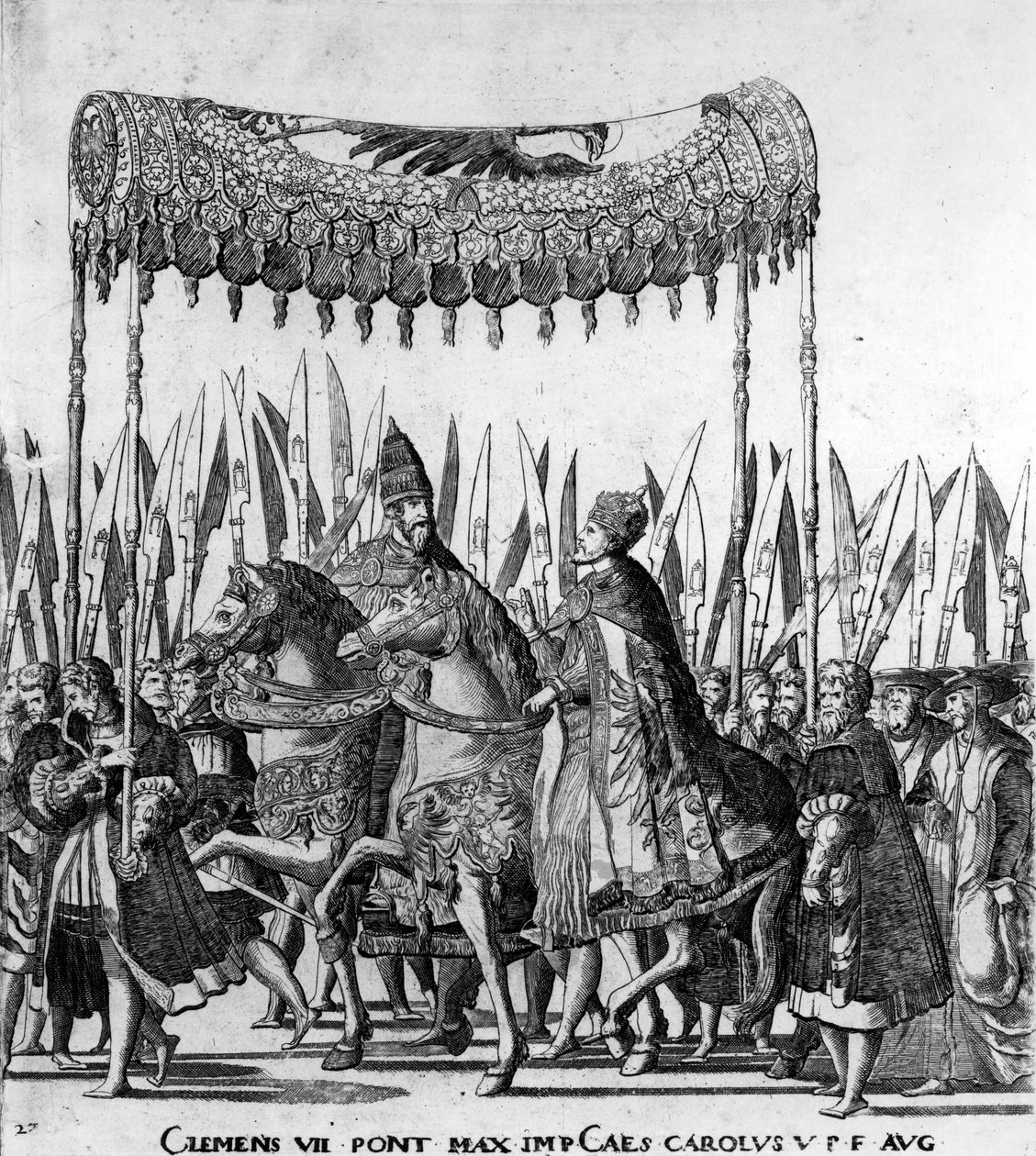 Der Einzug von Papst Clemens VII. und Kaiser Karl V. in Bologna am 24. Februar 1530, Platte 27 (Detail) von Nicholas Hogenberg