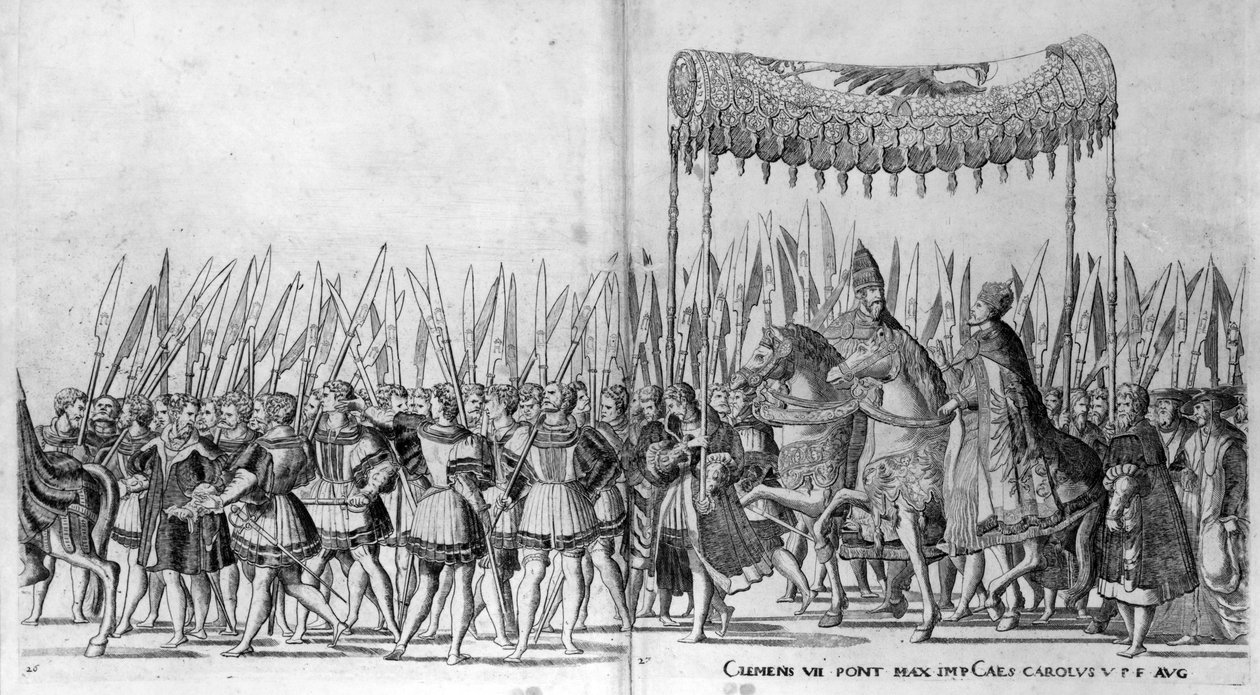 Der Einzug von Papst Clemens VII. und Kaiser Karl V. in Bologna am 24. Februar 1530, Platte 27, ca. 1530 von Nicholas Hogenberg
