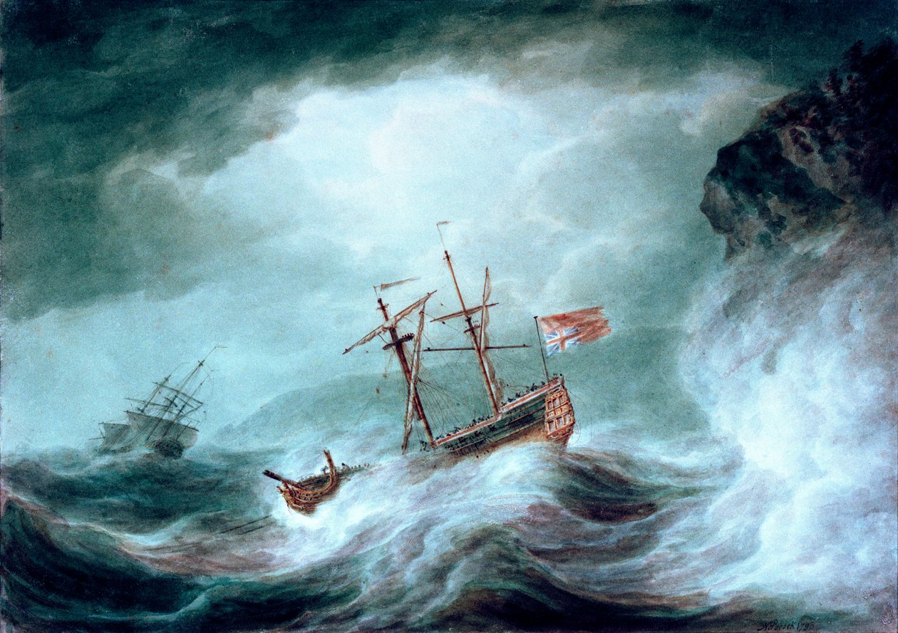 Ein Sturm, mit einem verankerten Schiff in Not vor felsiger Küste von Nicholas Pocock