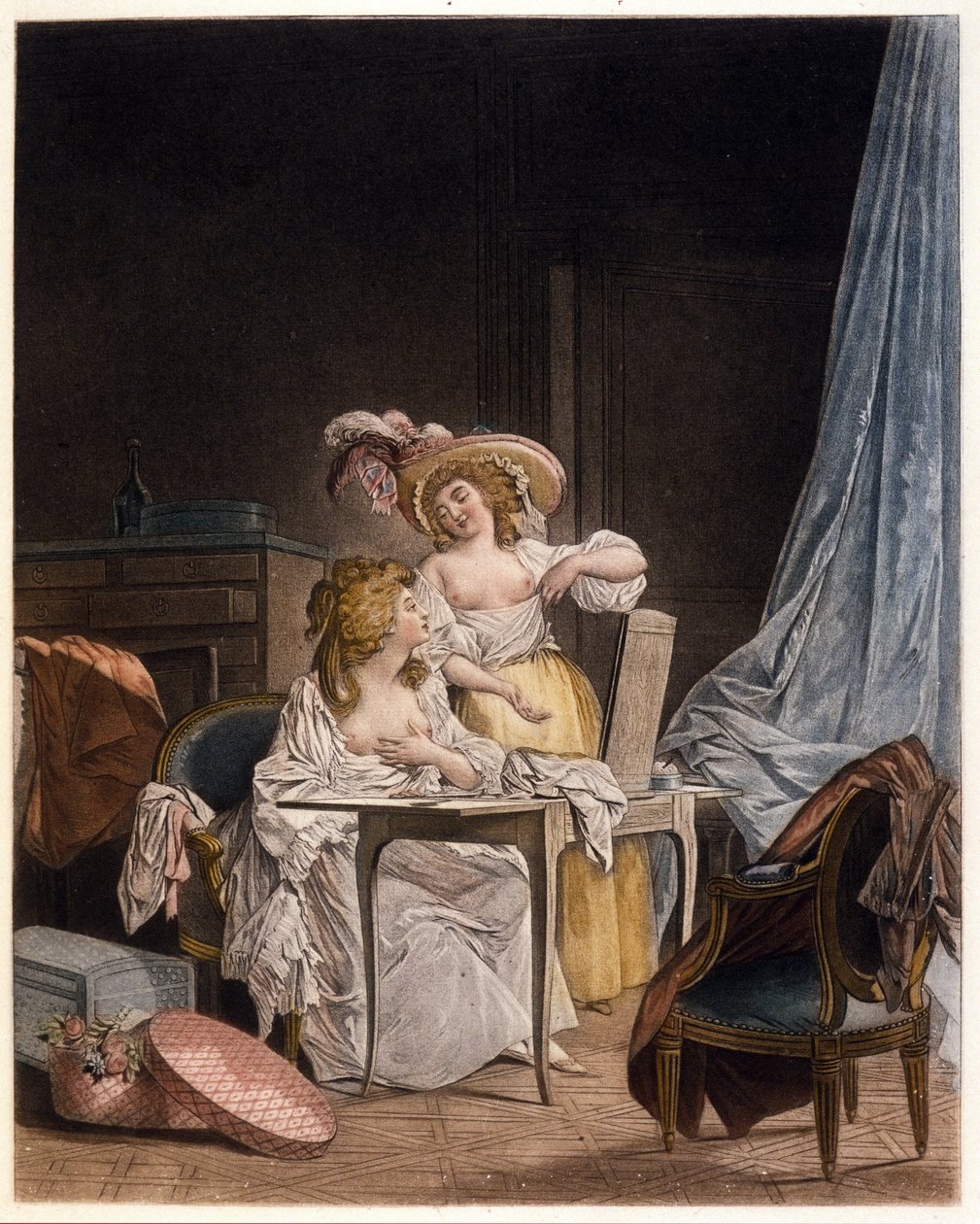 Der Vergleich. Zwei Frauen vergleichen die Größe ihrer Brust. Gravur von Nicolas Lavreince (1737-1807), um 1782 von Niclas II Lafrensen