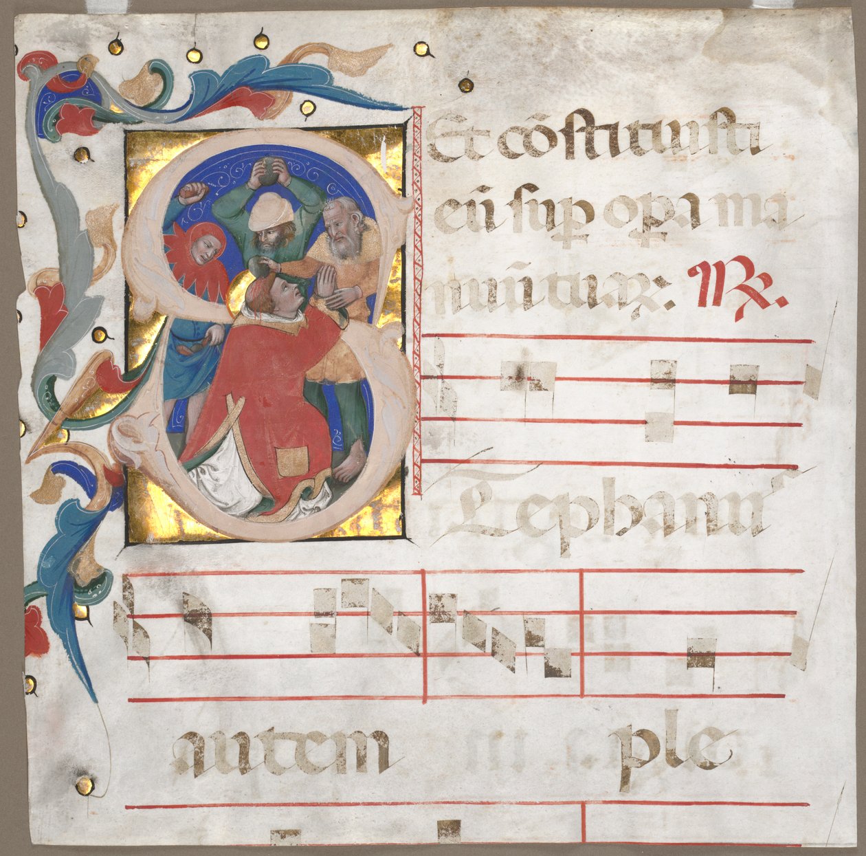 Fragment eines Antiphonars mit historisierter Initiale (S): Die Steinigung des heiligen Stephanus von Nicolò da Bologna
