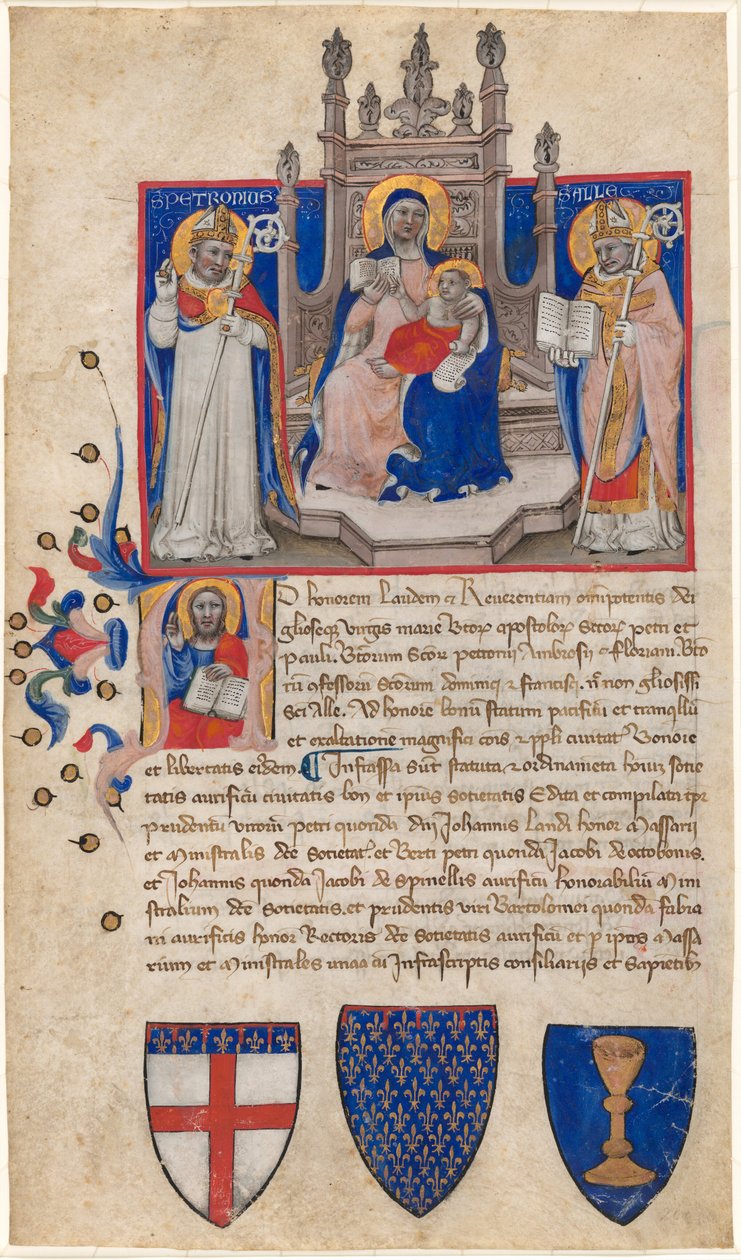 Madonna und Kind auf dem Thron zwischen den Heiligen Petronius und Alle (Eligius); Christus im Initial A von Nicolò da Bologna