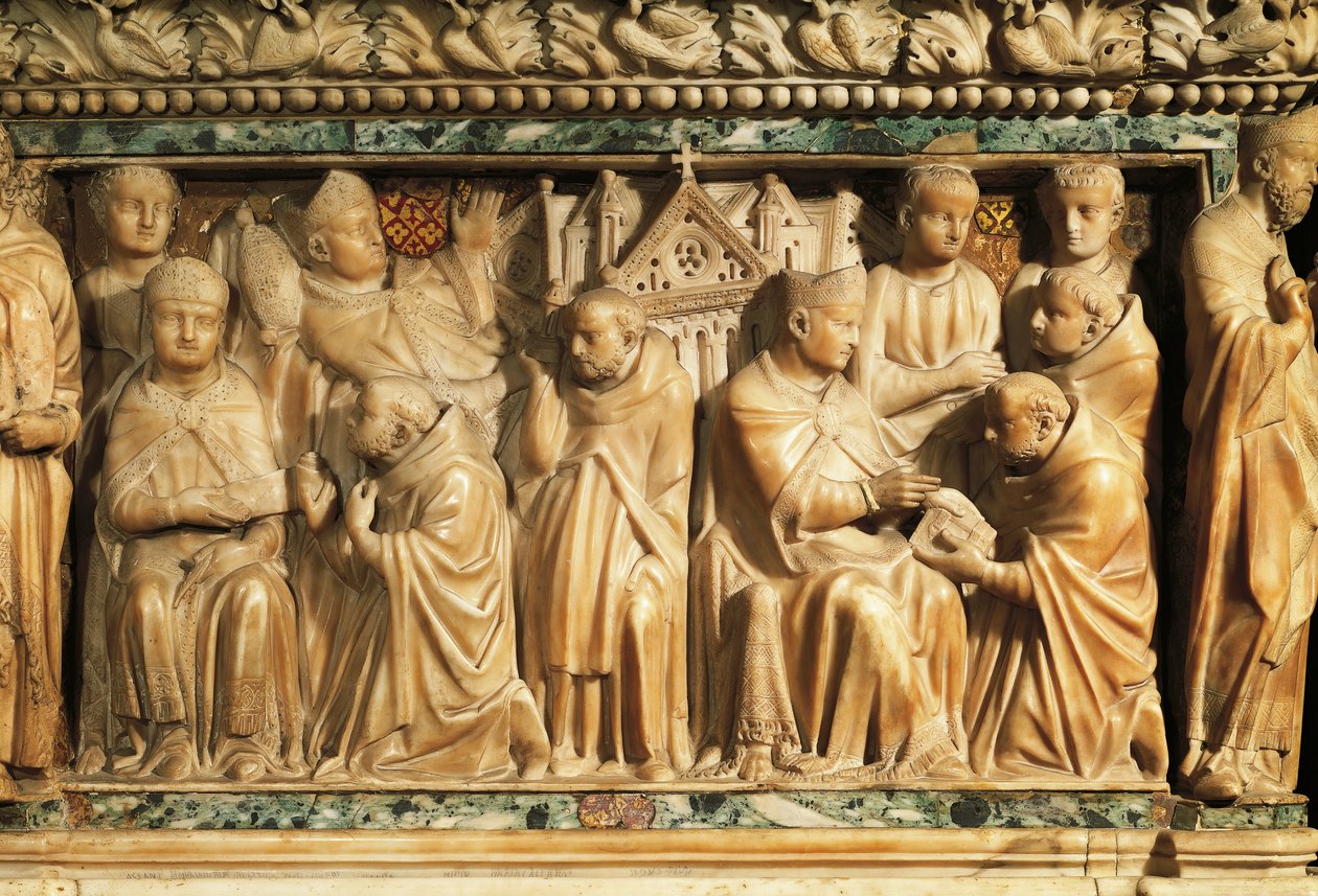 Relief, das die Genehmigung des Ordens durch Papst Innozenz III. darstellt von Nicola Pisano