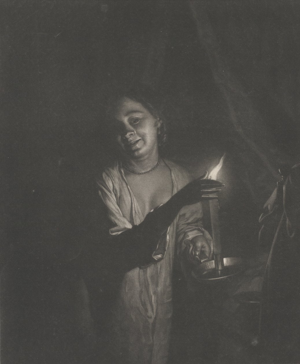 Junge Frau hält eine Kerze in einem Schlafzimmer, 1690-1715 von Nicolaas Verkolje