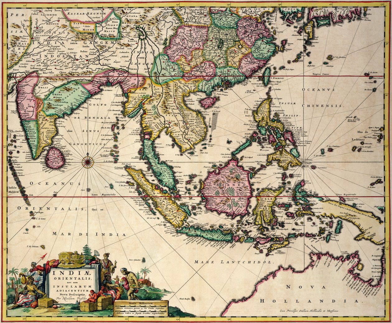 Allgemeine Karte von Indien und Ceylon bis Nordwest-Australien über Südjapan, die Philippinen, die Malaiische Halbinsel und den indonesischen Archipel von Nicolaes Jansz Visscher