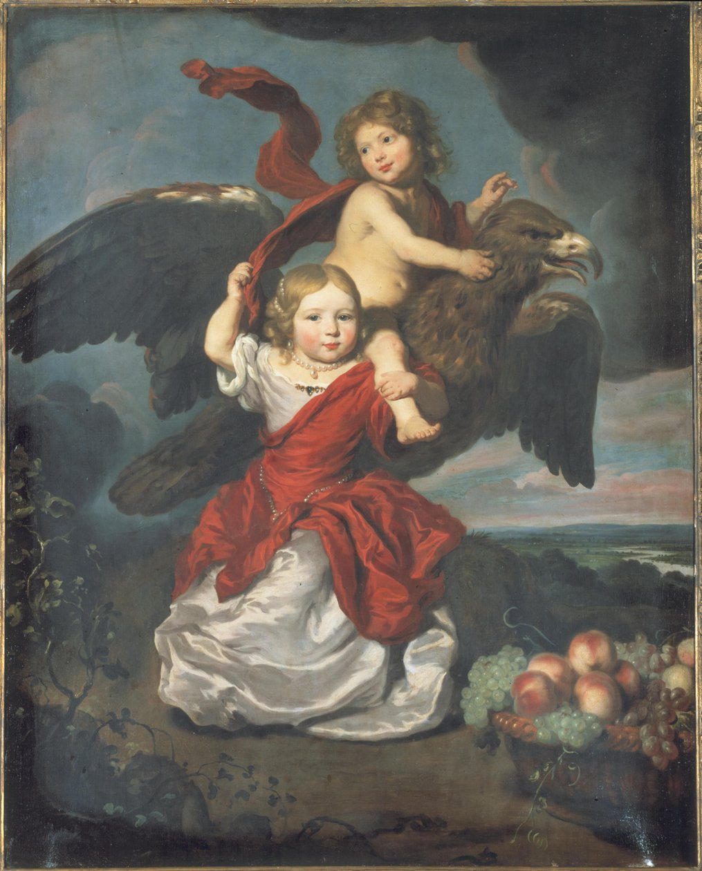 Doppelporträt eines Jungen und eines Mädchens als Ganymed und Hebe in einer Landschaft von Nicolaes Maes
