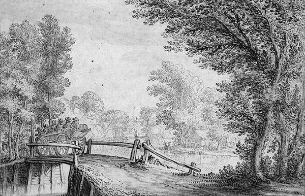 Landschaft mit einem Wagen, der eine Brücke überquert von Nicolaes Jansz  Visscher