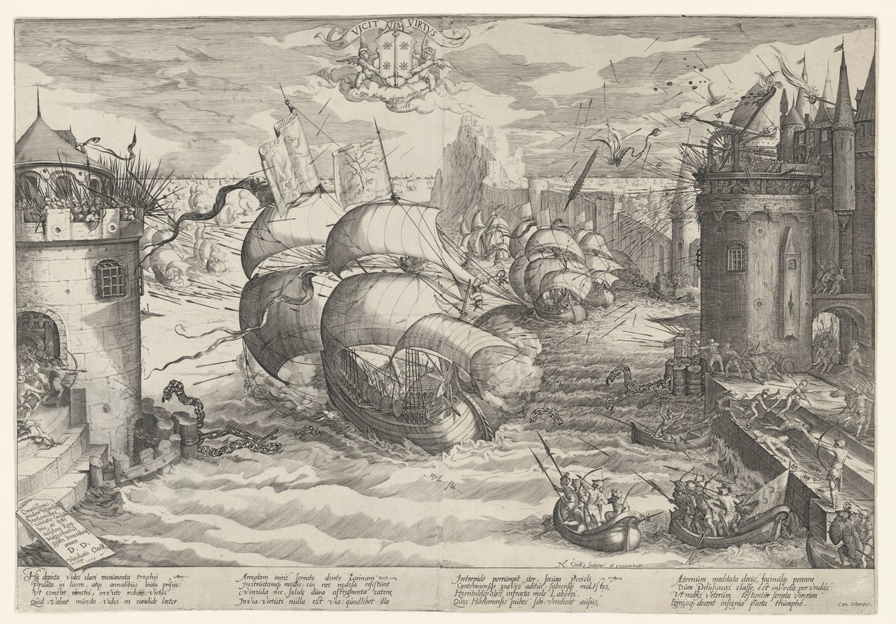 Eroberung von Damiate und das Übersegeln der Kette, 1219 von Nicolaes Jansz. Clock
