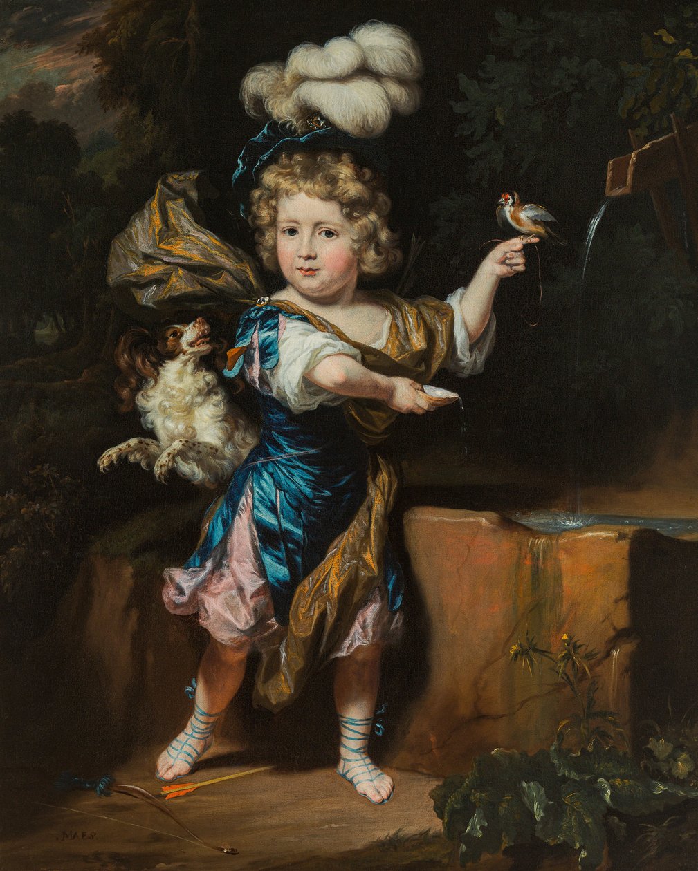 Junge mit Vogel und Hund an einem Brunnen von Nicolaes Maes
