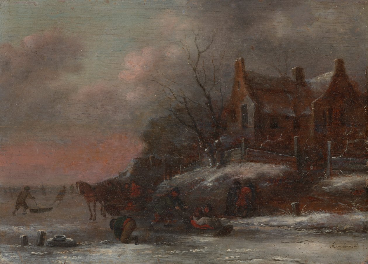 Winterlandschaft mit Figuren, die auf einem zugefrorenen Fluss rodeln von Nicolaes Molenaer