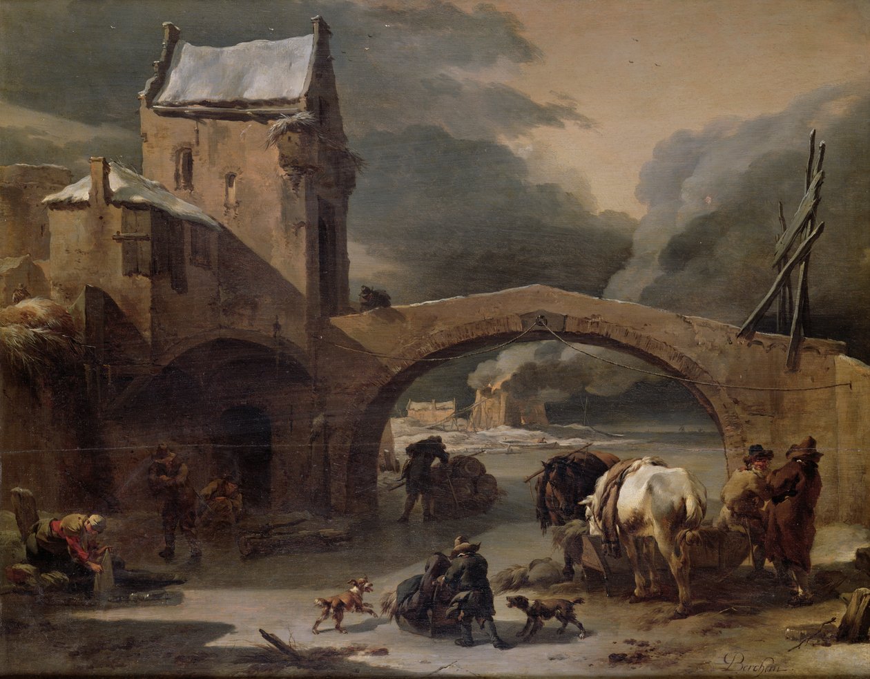 Winterlandschaft mit Bauern und Pferden auf einem gefrorenen Kanal bei einer befestigten Brücke, um 1660-70 von Nicolaes Pietersz. Berchem