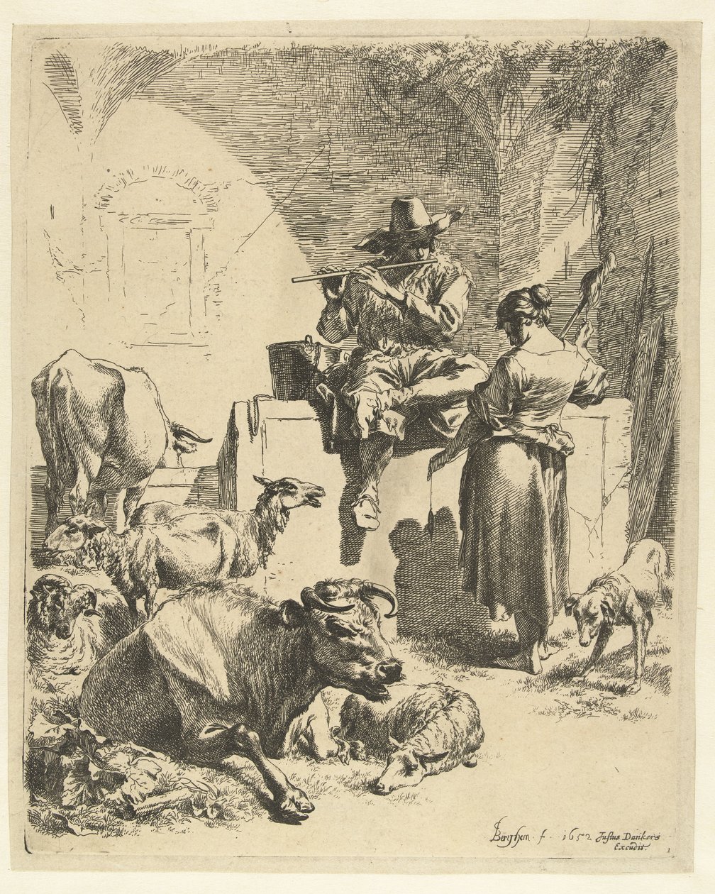 Flötenspielender Hirte und Spinnerin von Nicolaes Pietersz Berchem