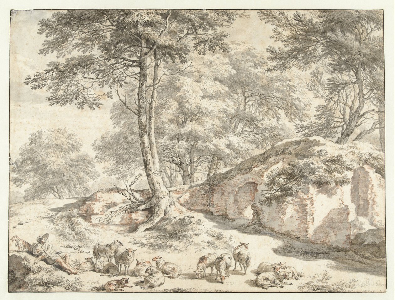 Hirte mit Schafen bei einer Ruine zwischen Bäumen von Nicolaes Pietersz Berchem