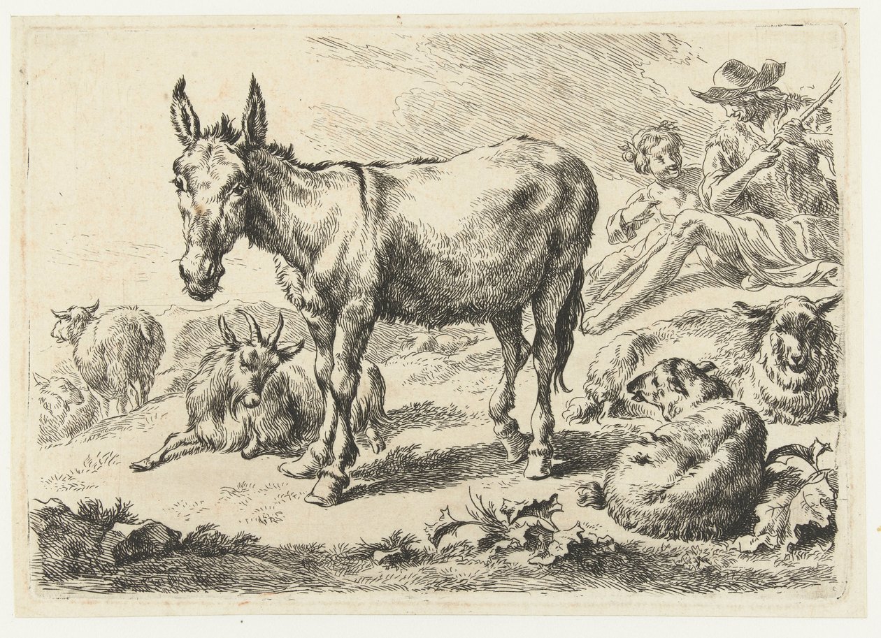 Landschaft mit Esel, Schafen, Ziege und Hirten von Nicolaes Pietersz Berchem