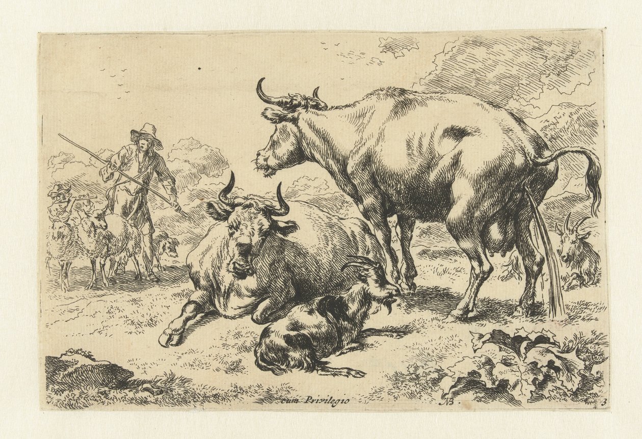 Liegende und eine urinierende Kuh von Nicolaes Pietersz Berchem