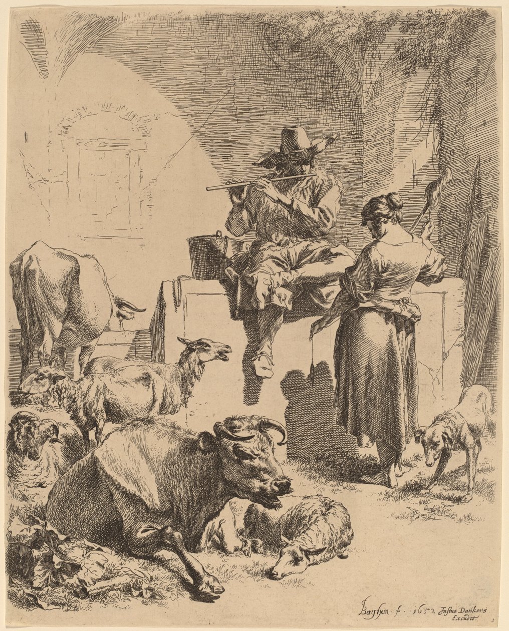 Der Hirte sitzt auf einem Brunnen und die Spinnerin von Nicolaes Pietersz Berchem