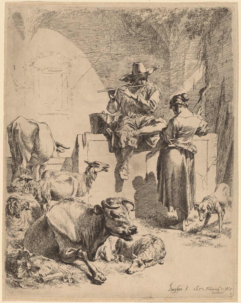 Der Hirte sitzt auf einem Brunnen und die Spinnerin von Nicolaes Pietersz Berchem