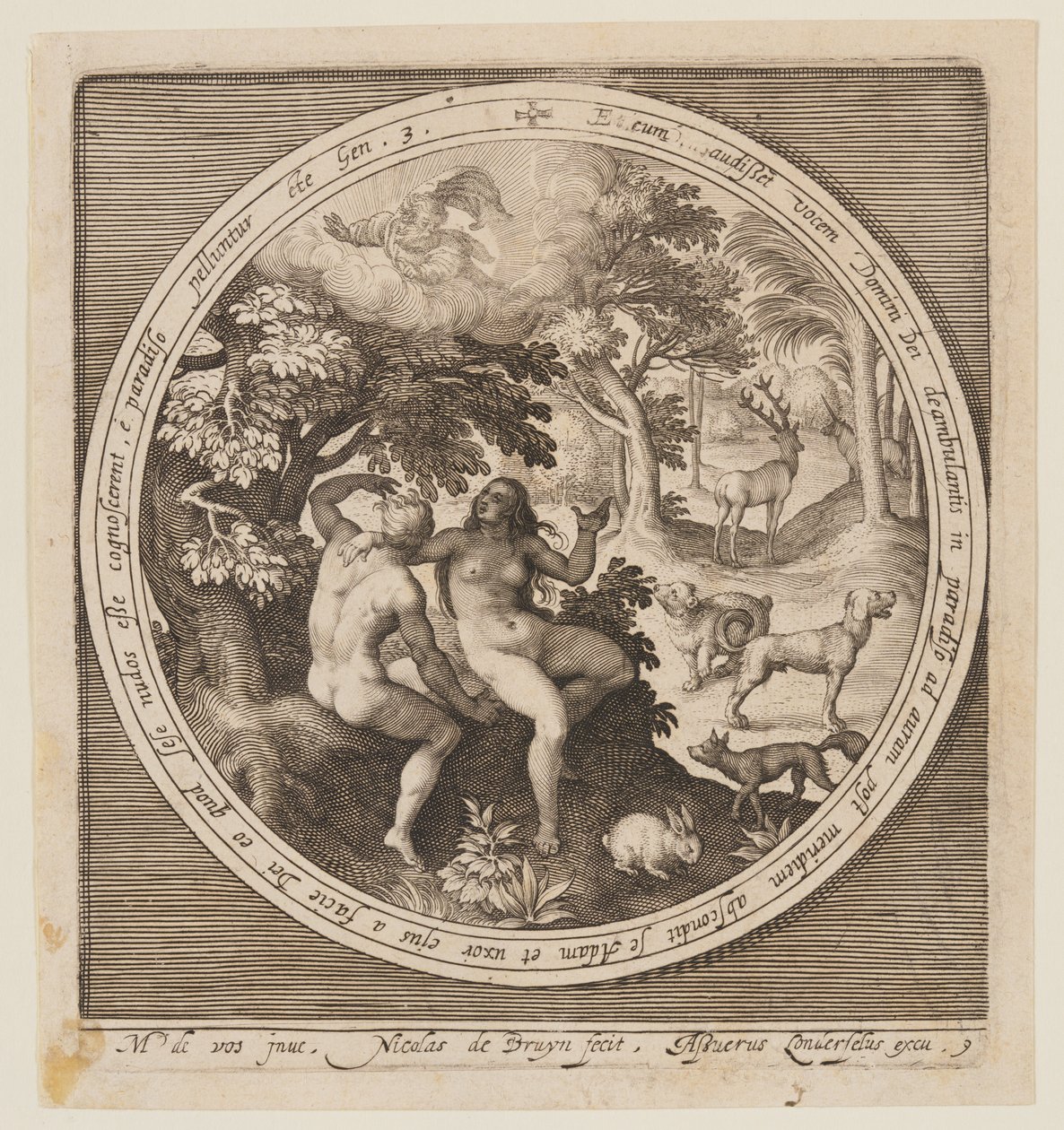 Adam und Eva verstecken sich vor dem Herrn, von der Schöpfung bis zur Vertreibung aus dem Paradies von Nicolaes de Bruyn