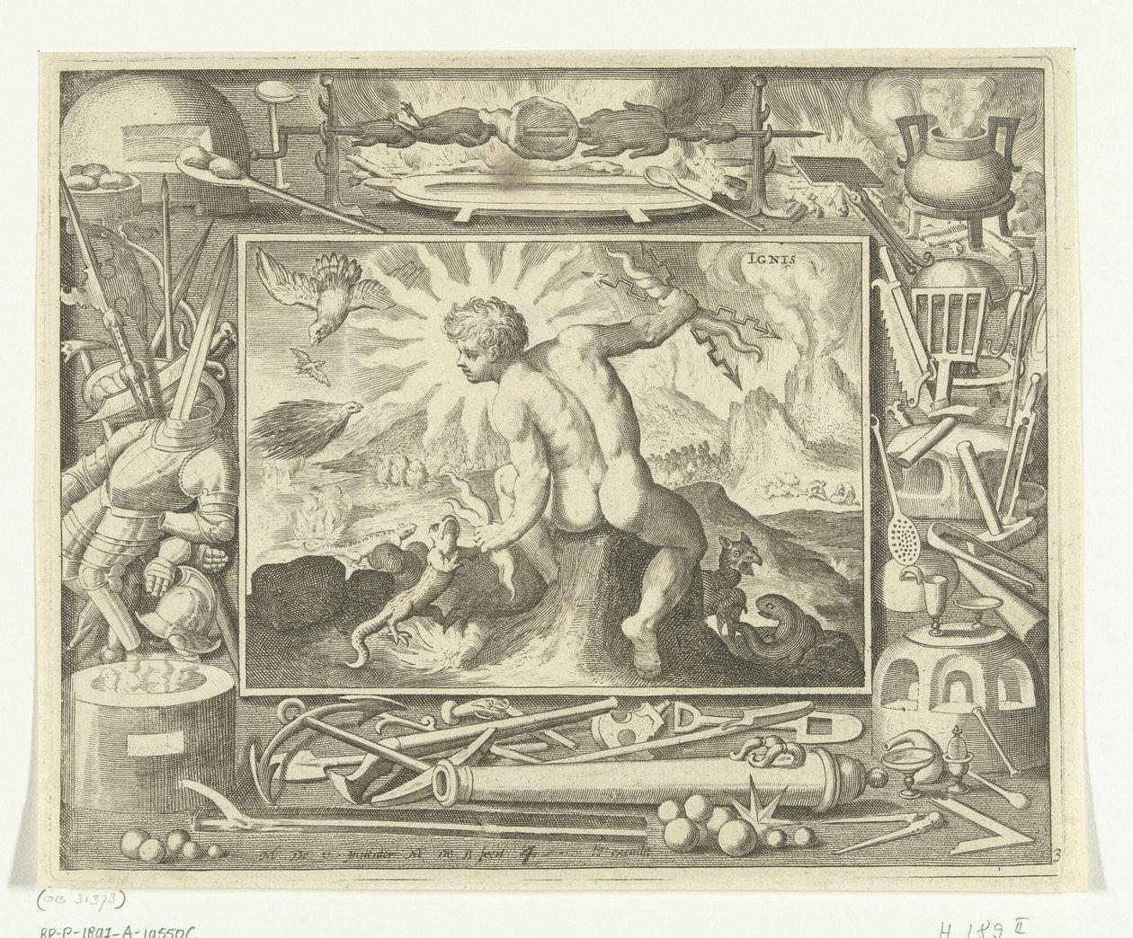 Element Feuer als junger Mann mit Blitzen (Ignis, Die vier Elemente) von Nicolaes de Bruyn