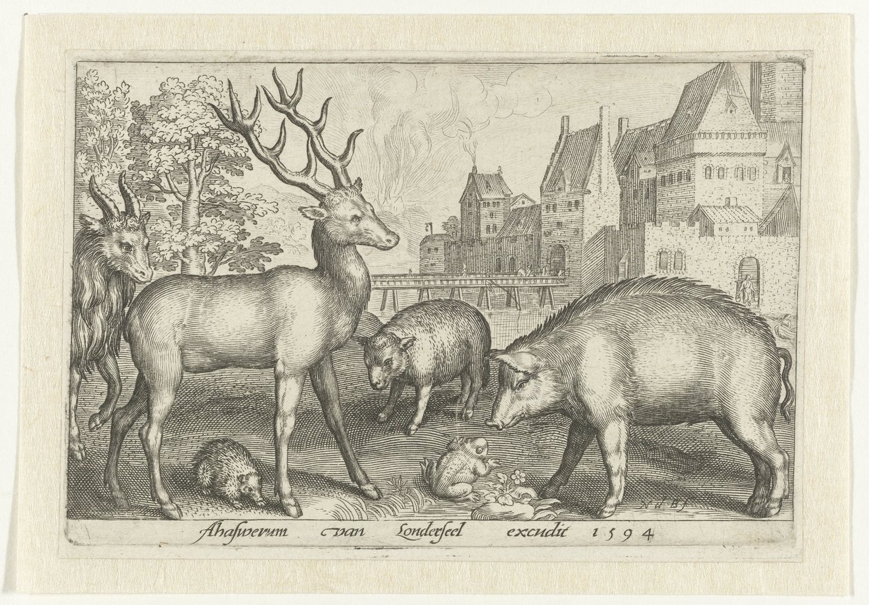 Hirsch, Igel, Schaf, Frosch und Schwein von Nicolaes de Bruyn