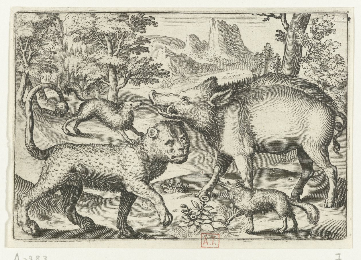 Leopard, Wildschwein und zwei Hunde von Nicolaes de Bruyn
