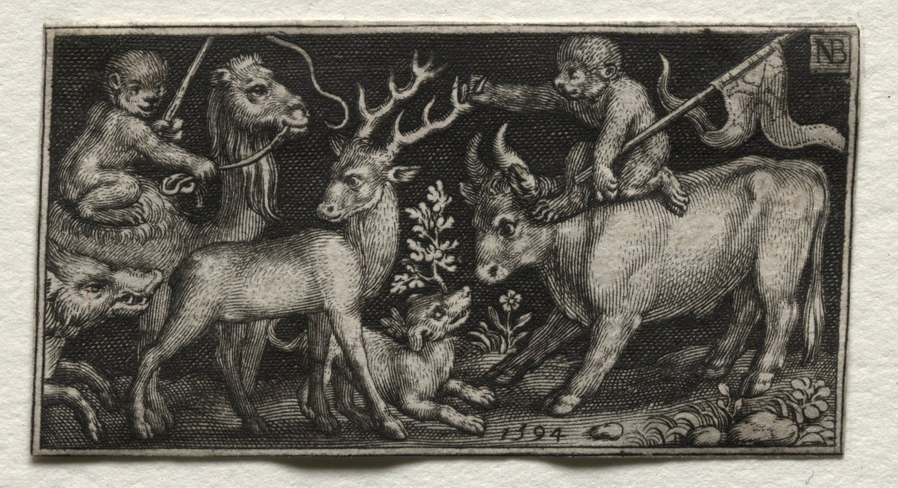 Affen reiten auf einem Kamel und einem Stier, 1594 von Nicolaes de Bruyn
