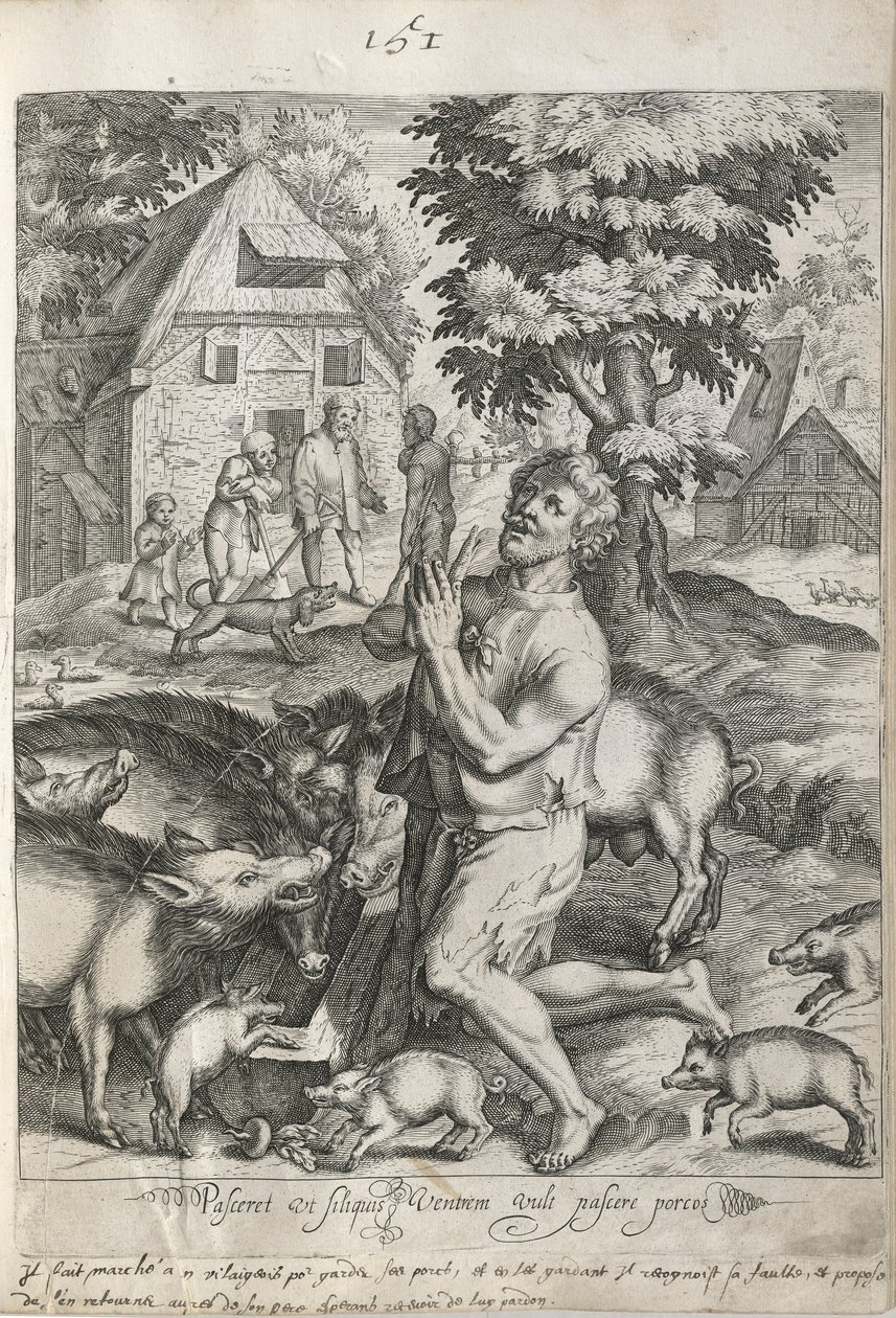 Der verlorene Sohn unter den Schweinen, Platte 5 aus Die Geschichte des verlorenen Sohnes von Nicolaes de Bruyn