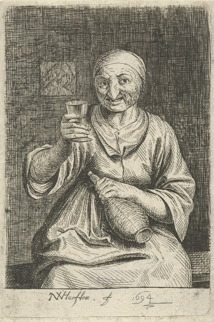 Alte Frau mit Glas und Krug von Nicolaes van Haeften