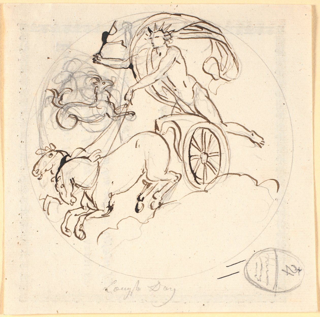Apollo lenkt seinen Sonnenwagen hinab; oben das Sternzeichen Steinbock, eingerahmt von einem Kreis. Das Motiv stellt den längsten Tag dar von Nicolai Abildgaard