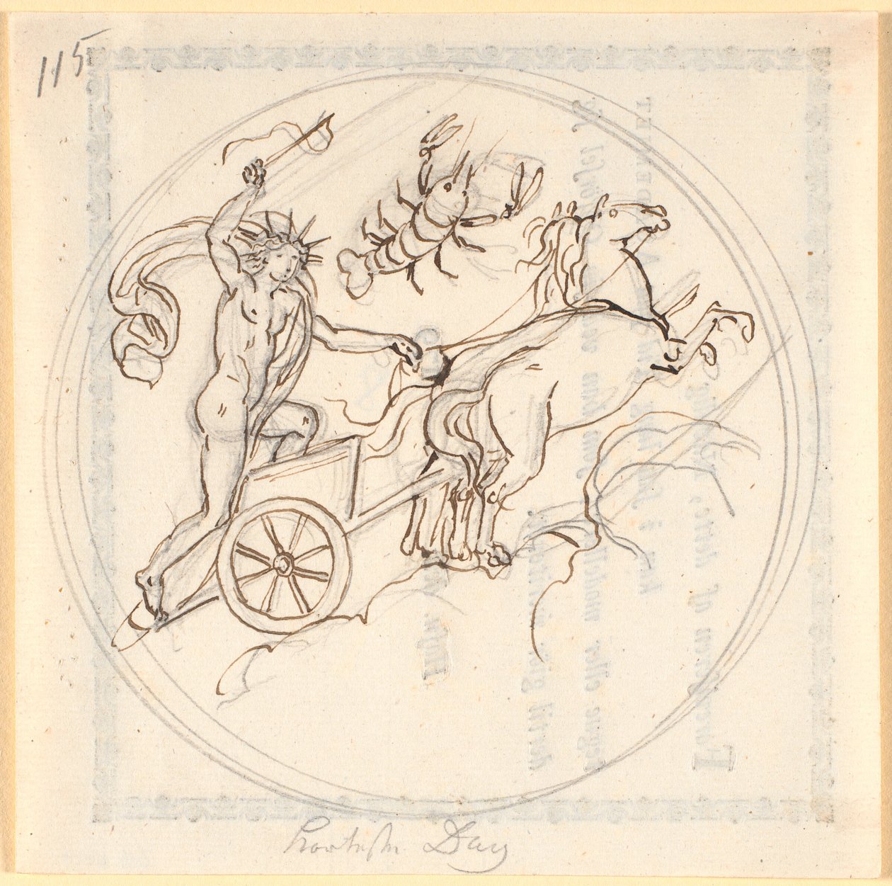 Apollo lenkt seinen Sonnenwagen nach oben; oben das Sternzeichen Krebs; kreisrund eingerahmt; stellt den kürzesten Tag dar von Nicolai Abildgaard