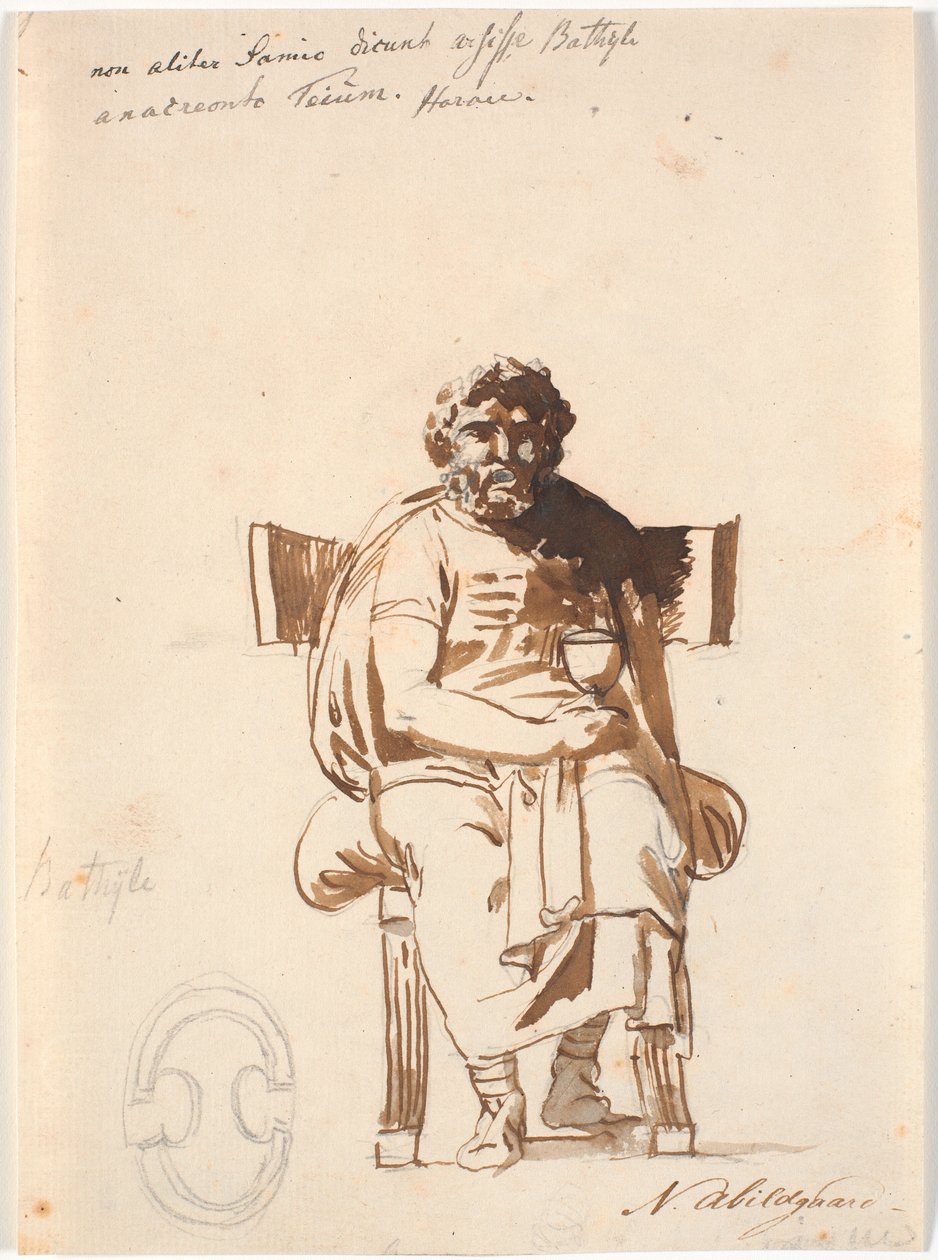 Batyllus, Schauspieler zur Zeit des Augustus, sitzend in einem schweren antiken Stuhl, en face, mit einem Becher in der Hand von Nicolai Abildgaard
